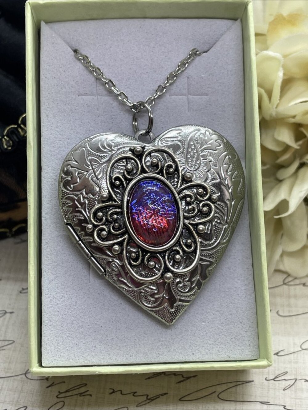 Mexican Fire AQUA Birthday Slvr Heart Engraved Valentine’s Day Locket Necklace
